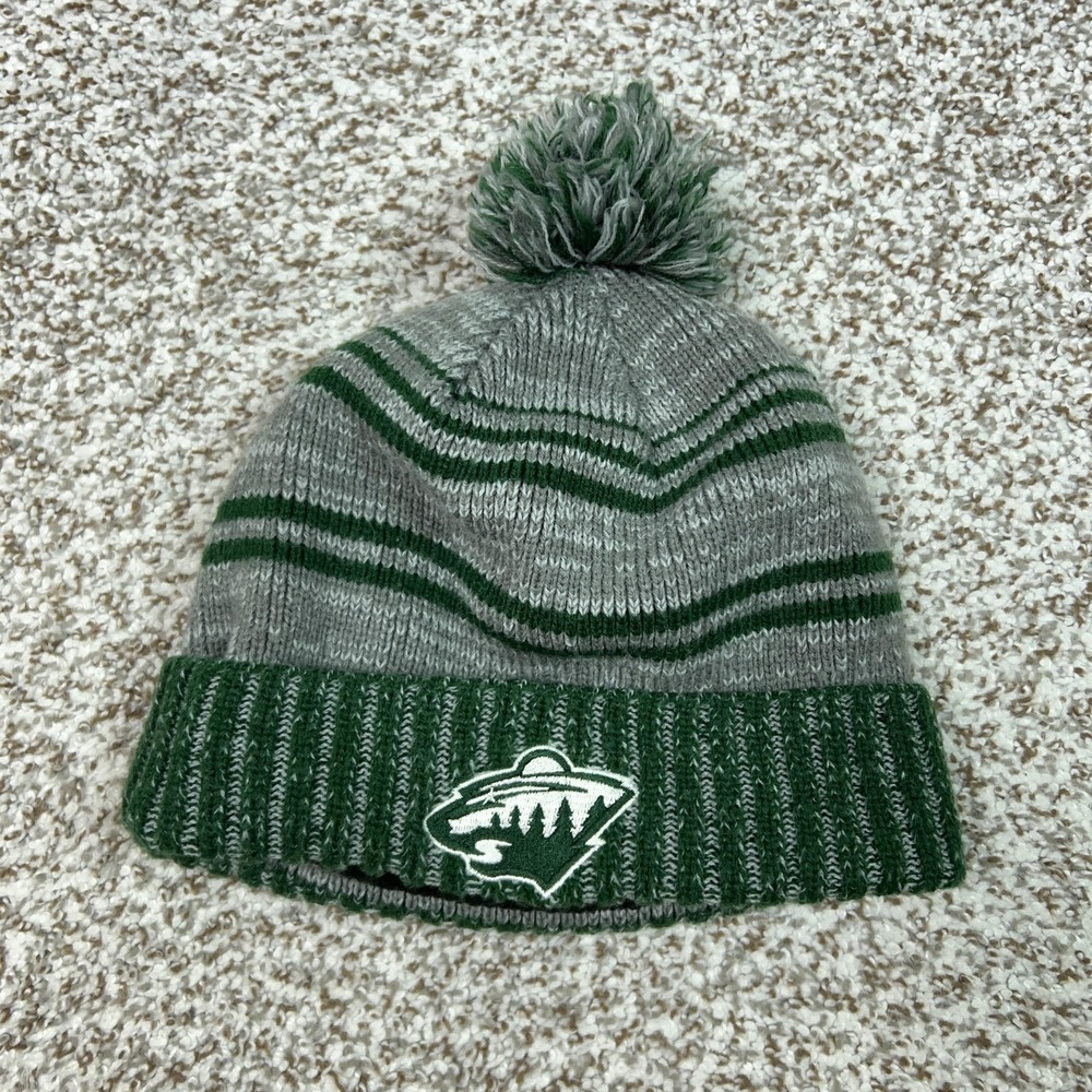 Minnesota Wild Hat Beanie Mens One Size Gray Green NHL Hockey Pom Cuffed Fleece